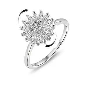 Unisex Sunflower Engraved Fidget Ring - Adjustable Band, CZ Anxiety Aid, Elegant Costume Jewelry, Sun/Floral/Flower Cluster Motif Rings, Ideal Birthday Gift for Trendy Fashion Enthusiasts, Sun Motif Rings