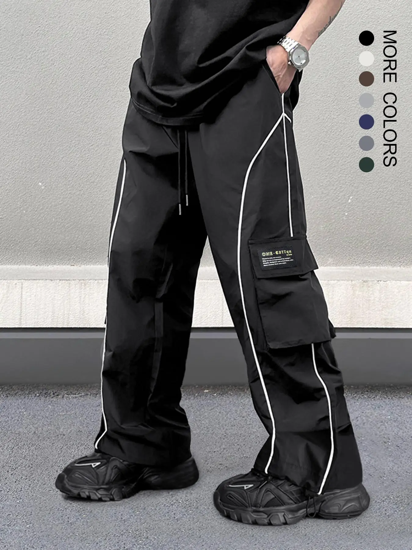 Men's Loose Baggy Letter Patched Contrast Binding Pocket Detail Drawstring Cargo Pants, Mens Pants, Casual Trousers for Spring Fall Winter, Menswear