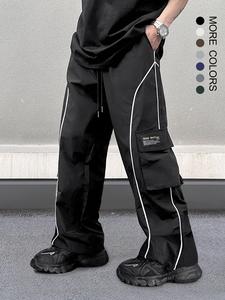 men's thin letter patched contrast binding pocket drawstring cargo pants, baggy pants for men, mens pants, soft comfort clothes, versatile street menswear