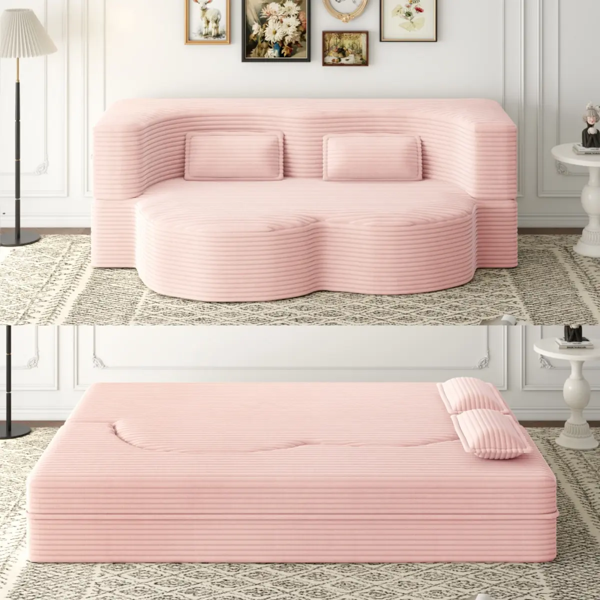 【Bellemave】Modern Floor Sofa with 2 Pillows,Convertible Plush Corduroy Foam-Filled Sleeper Sofa Bed,15" Full Size Folding Mattress for Living Room,Guest Bed,no assembly required,Baby Pink