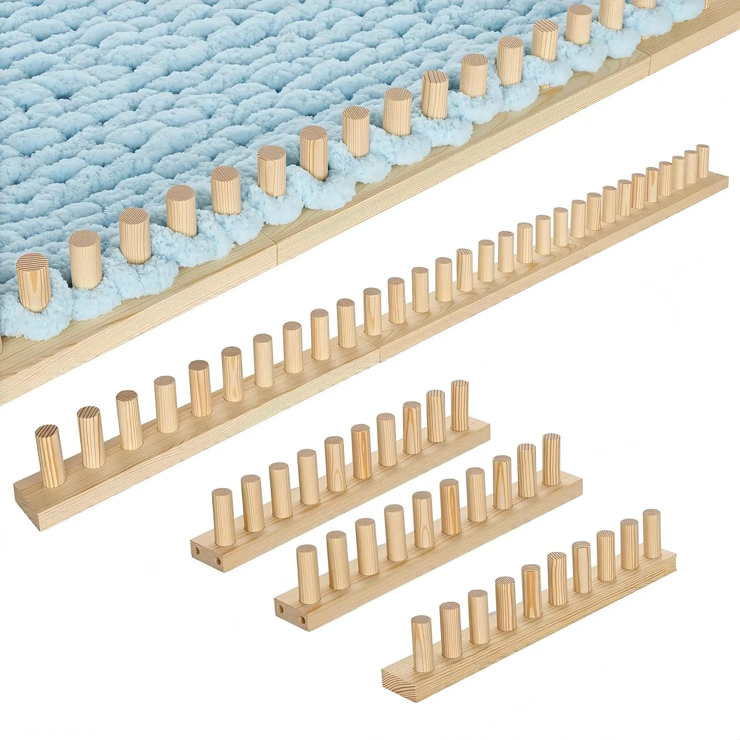 46-in Natural Wood Blanket Weaving Loom - 3-Piece Oversized Adjustable Height & Width Sturdy Durable Kit, Easy-to-Operate Beginner-Friendly Chunky Knit System for Adults, Craft Gift for Blankets/Shawls, Home DIY Knitting & Crochet Haberdashery