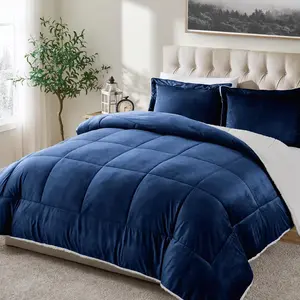 Thick Winter Blanket Warm Fleece Luxury Bed Cover Fluffy Throw Blanket in Navy Blue with 2 Pillow Included Cozy Comfort for Chilly Nights