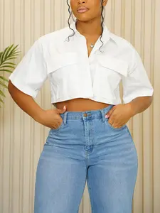 Women’s Cropped Button-Up Shirt with Pockets, Casual Summer Style for Everyday Wear