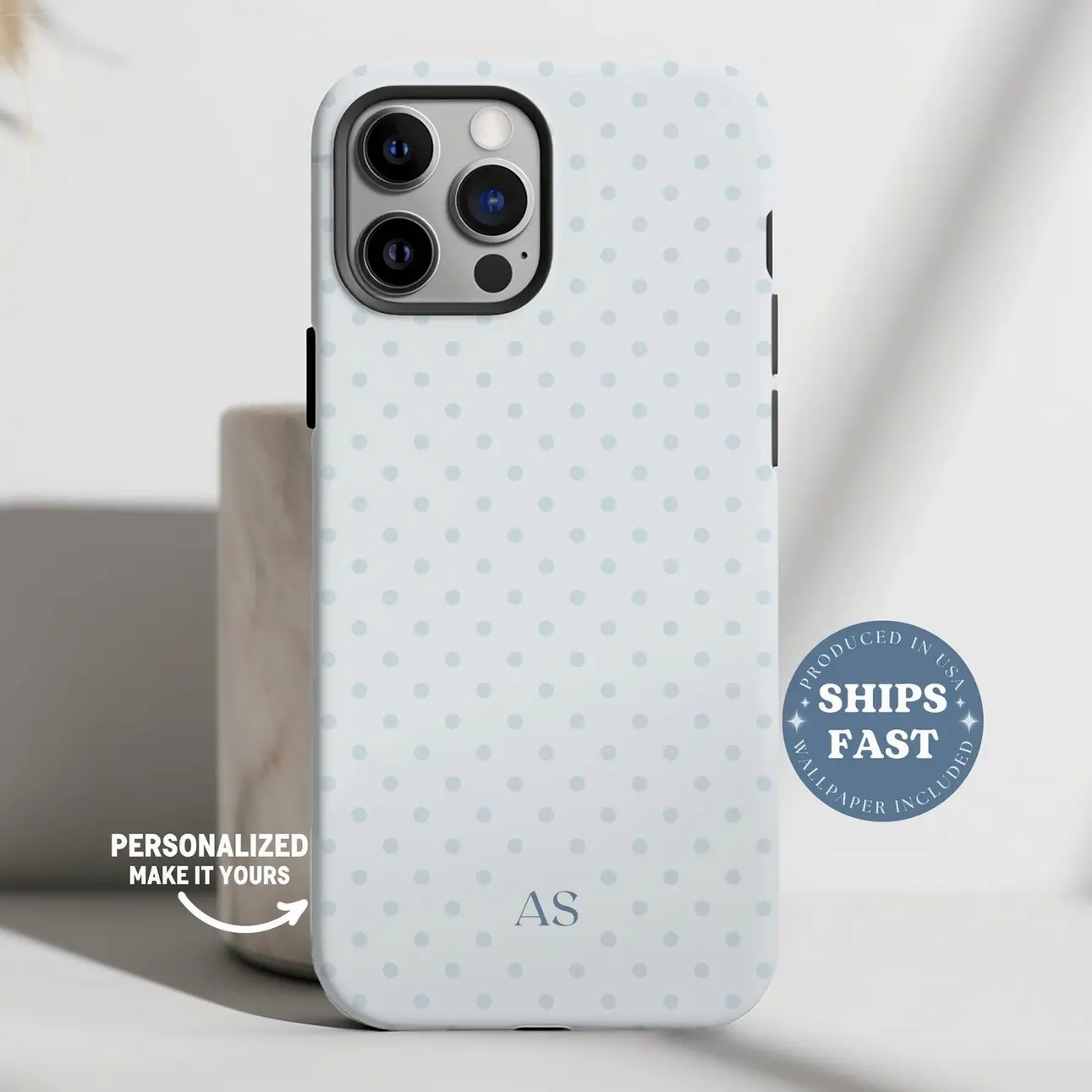 Personalized Blue Polka Dot Phone Case for iPhone 17 16 15 14 13 Pro Max, Initials iPhone Case Polka Dot Phonecase Monogram Custom Phonecase