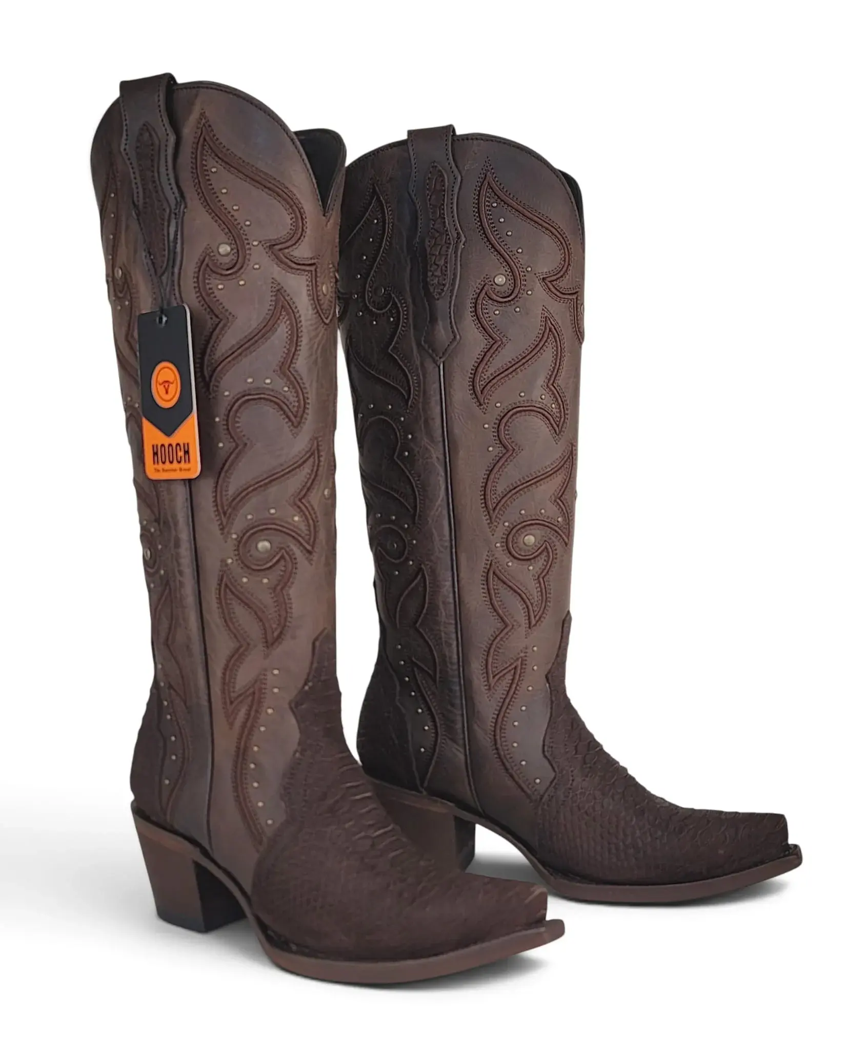 Women’s Genuine Leather Embossed Reptile Print Tall Western Boots – Brown