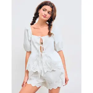 Cider [size 2-10]  Square Neckline Broderie Anglaise Tie Front Puff Sleeve Blouse SwimWeek