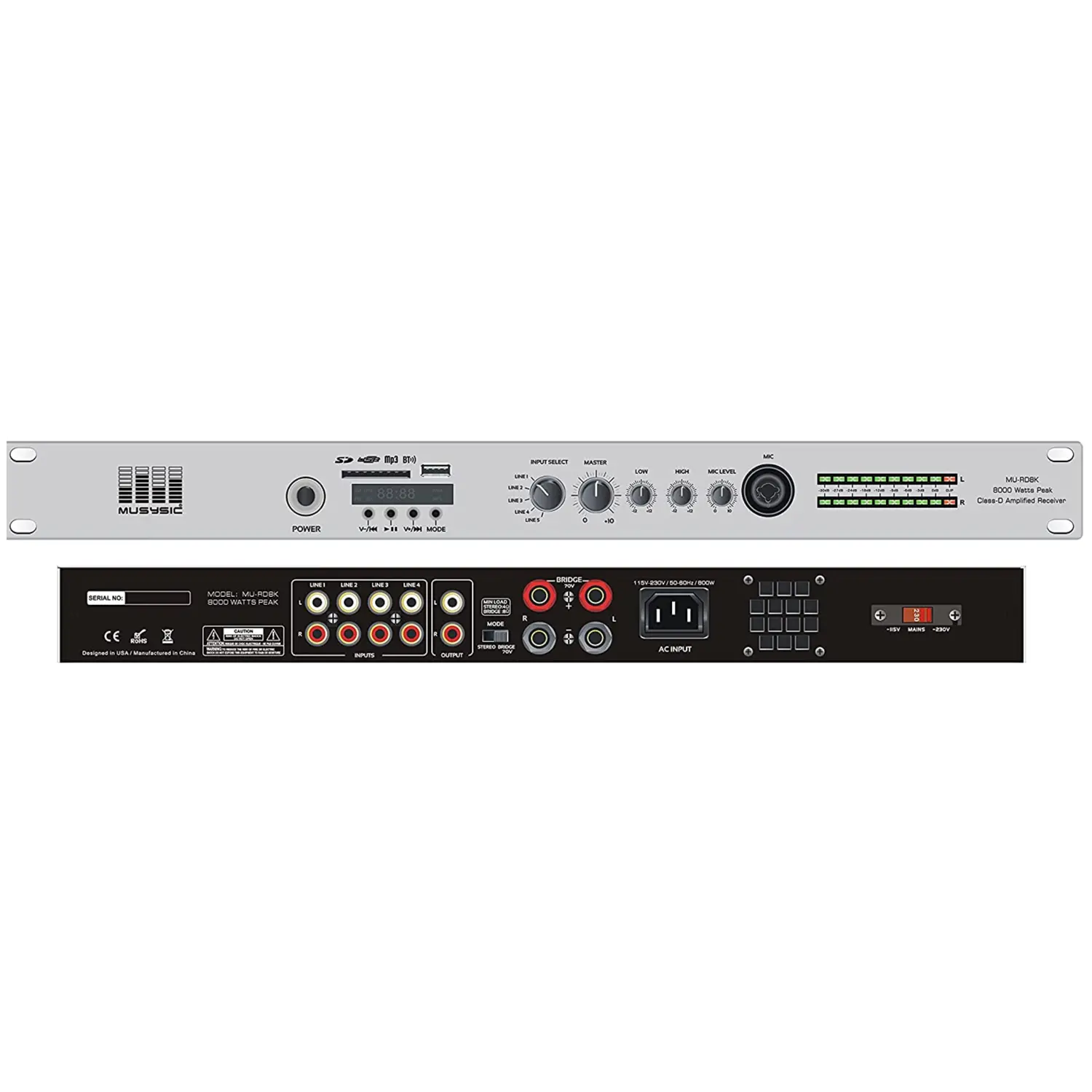 MUSYSIC MU‑RD8K High‑Efficiency Power Amplifier – 8000W Peak, Stereo/Bridge Modes, USB/SD/Bluetooth Multimedia Player