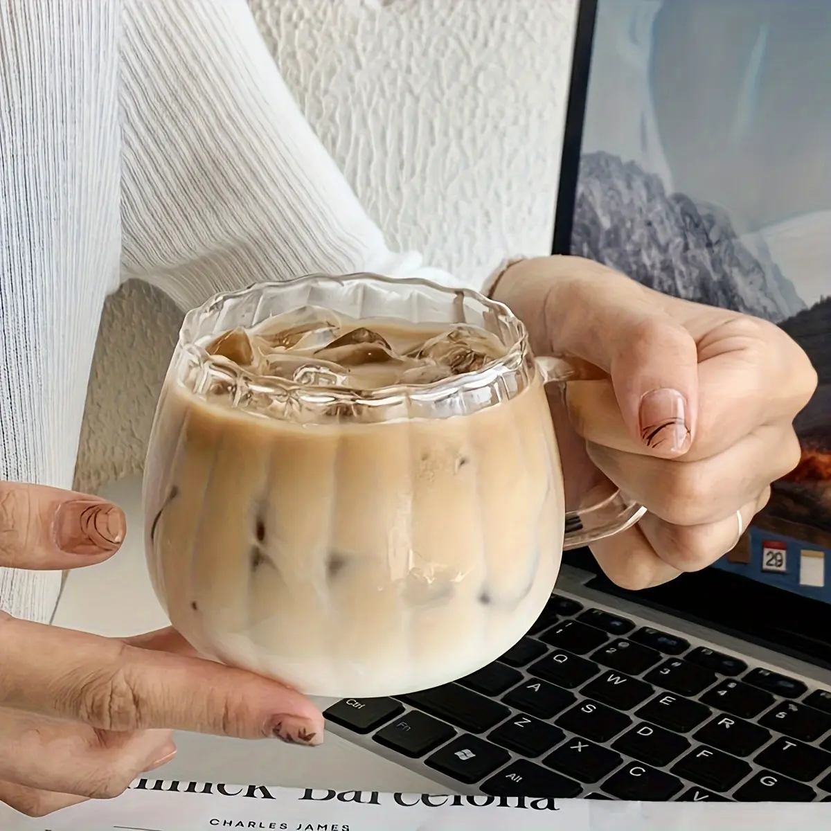 4-6 Pieces -400ml - Striped Belt Glass Cup - Heat Resistant - Microwave Direct Heating - Transparent - Pumpkin Striped Glass Cup - Suitable For Coffee - Juice - Cold Drinks - Summer Cold Drink Cup - Espresso Cup