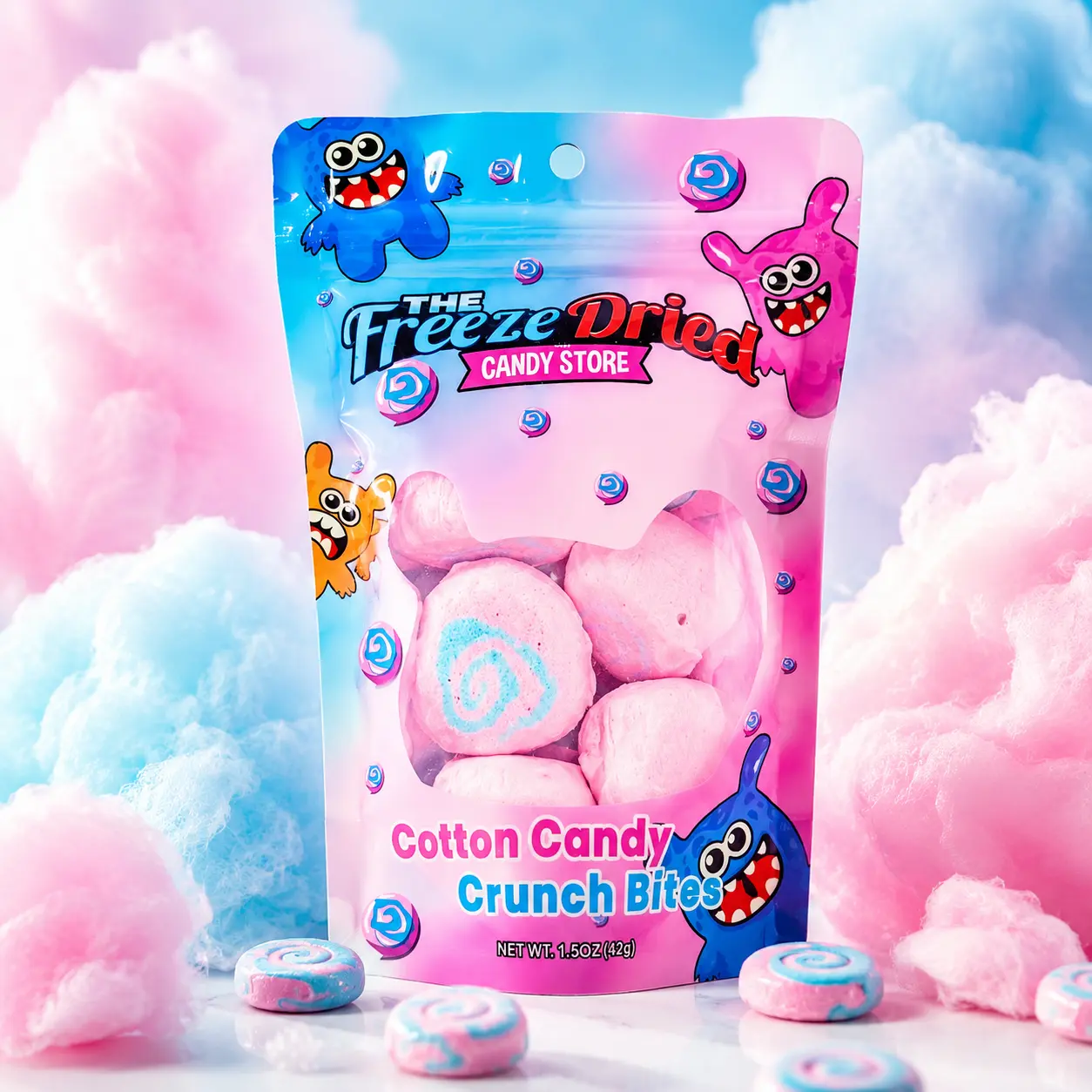 Fluffy Freeze-Dried Cotton Candy Crunch Bites - Freezedriedcandy, Crunchy Candy with Flavor Intensifies, Colorful Balls in Bag, All Ages Novelty Party Snacks, Storable at Room Temp