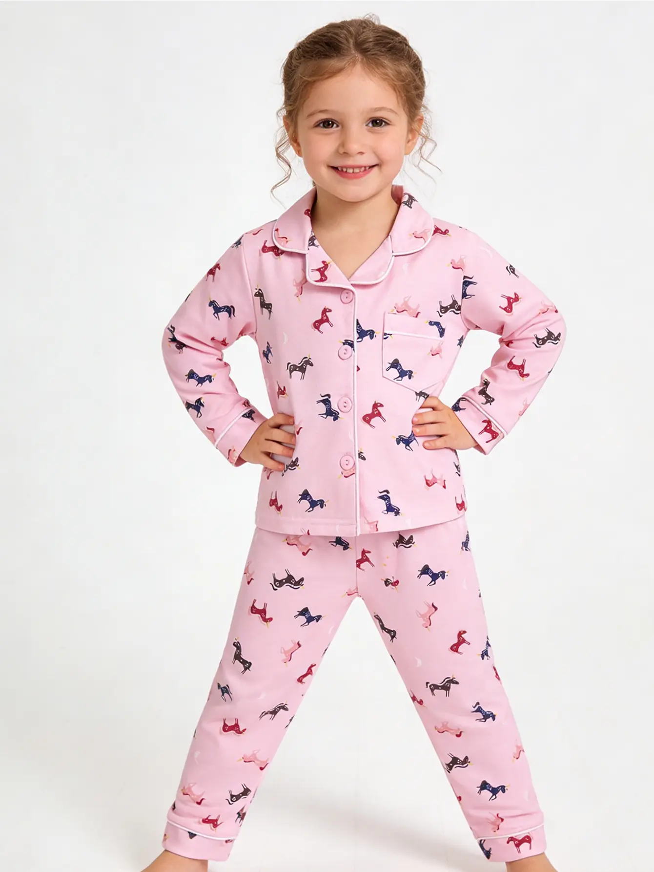 Kaka Here Girls' 2-Piece Polyester Pajama Sets - Cute Pajama Sets for 1-8 Year-Olds, Long-Sleeve Button Top with Pockets, All-Over Print, Soft Long Pants, Machine Washable Home Sleepwear
