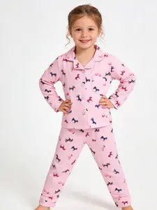 Kaka Here Girls' 2-Piece Polyester Pajama Set - Long-Sleeve Button Top with Pockets, All-Over Print, Slight Softness, Long Pants, Machine Washable Sleepwear for 1-8 Year-Old Girls (Home Use)