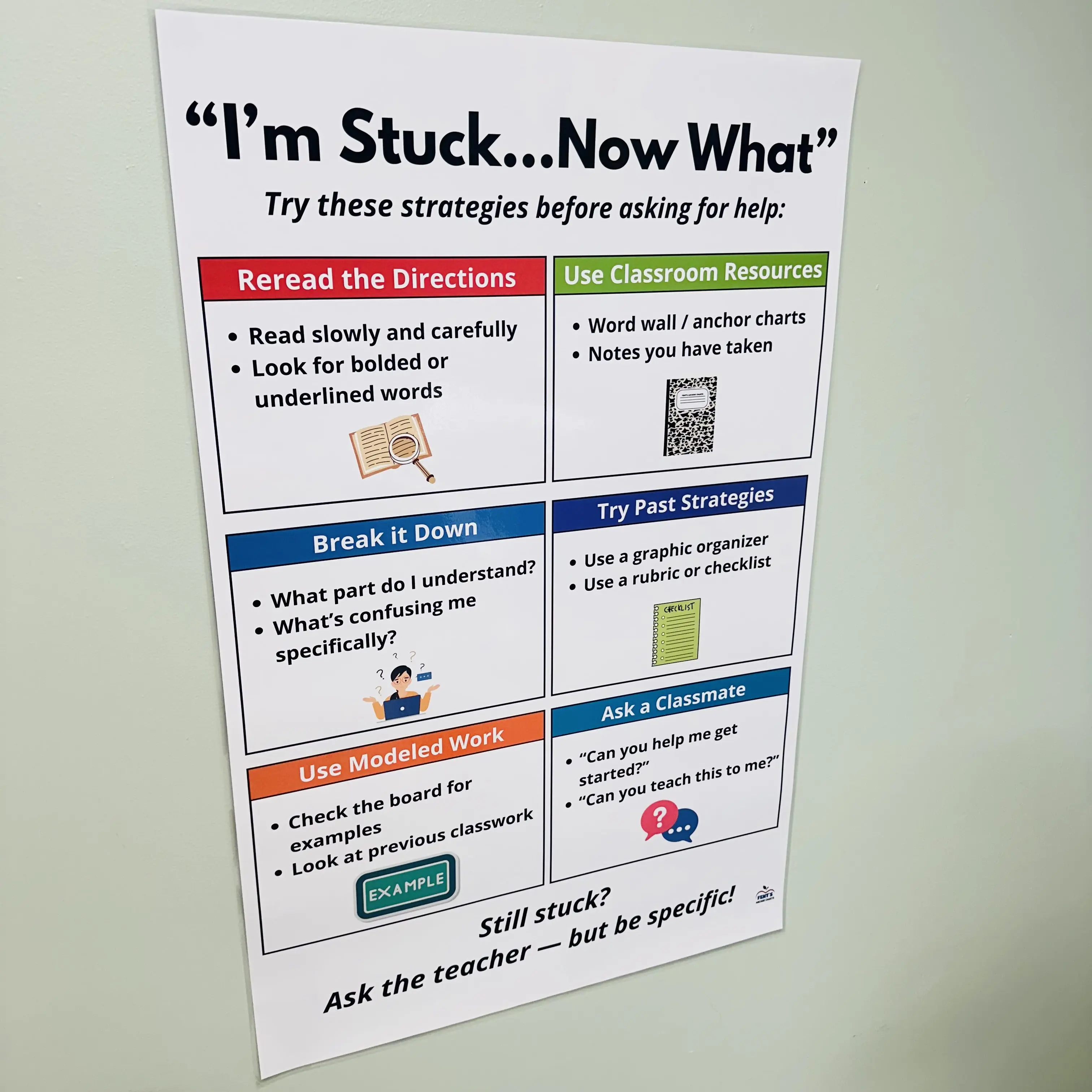 I'm Stuck...Now What? Anchor Chart | Laminated I'm Stuck Poster | Before Asking the Teacher Poster | Student Problem Solving | Classroom Procedures