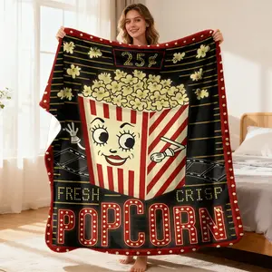 Vintage Movie-Themed Flannel Blanket with Popcorn Design Red & White Striped, Fresh Popcorn Print, Perfect for Home Theater Decor & Cozy Use, All-Season Comfort, Machine Washable Polyester Fa