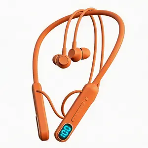 Orange Wireless Neckband Bluetooth Headphones with Digital Battery Display - Ergonomic In-Ear Earbuds for Daily Use, Workout