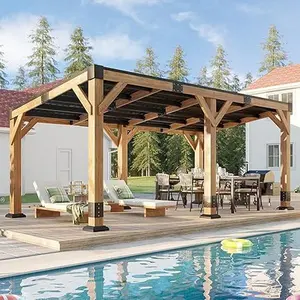 【Ships in 5 Boxes】AMERLIFE 10 x 20 FT Solid Wood Gazebo with Metal Hardtop, Large Outdoor Pavilion with Sloped Roof, Heavy Duty Pergola for Garden, Patio, Backyard