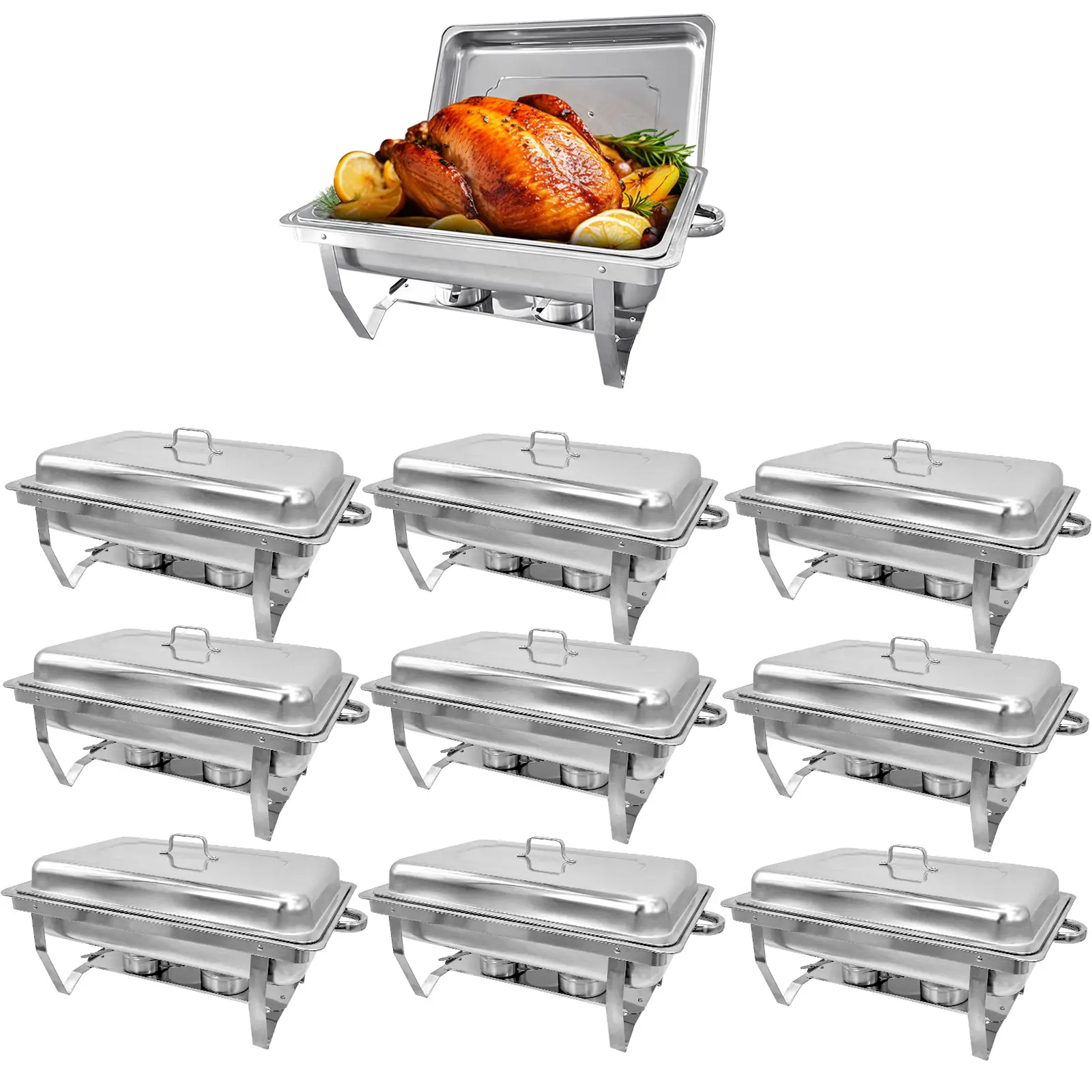 10-Pack Stainless Steel Full-Size 8QT Chafing Dish Buffet Set - Food Warmer Kit with Lids, Food Pans, Water Pans, Fuel Holders for Restaurant Catering Parties, Lid, Food Service, Includes Lids, Food Pans, Water Pan, Fuel Holders