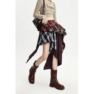 Asymmetric Plaid Patchwork Stretch Waist Multi-layered Tiered Skirt for Women