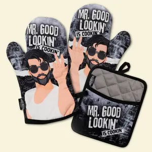 Mr. Good Lookin' Is Cookin' Oven Mitts & Potholder Set 2 Gloves 1 Potholder 100% Cotton Comfortable Fit Hook for Storage Funny Bakeware Gift for Dads