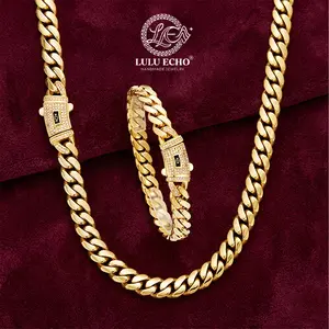 LuLuEcho 14K Gold Plated Miami Cuban Link Chain 【SET】 | Iced Out CZ Necklace & Bracelet | Waterproof Non-Tarnish Unisex Jewelry | Free Gift Box