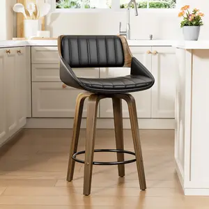 Aowos 26" Swivel Counter Height Bar Stool with Walnut Bentwood Frame, Faux Leather Seat & Footrest, Mid-Century Modern Chair for Kitchen Island, Bar, or Café, home,  bar set, soft, seat, cushion