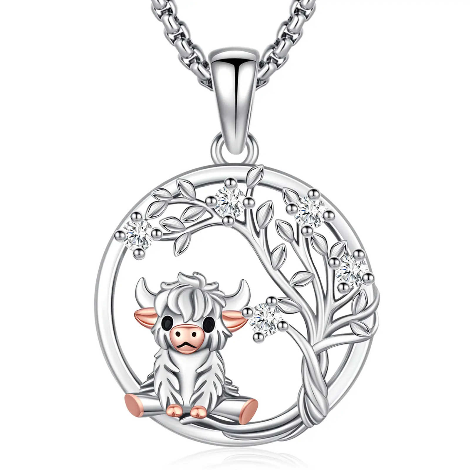 DRINSPER Animal Jewellery Pendant for Women, 925 Sterling Silver Highland Cow Tree of Life Whimsical Necklace, Hypoallergenic, Animal Pendant, Fashion Necklace, Casual, Unisex, Daily Wear, Non Tarnish Necklaces, Silver Necklaces & Pendants