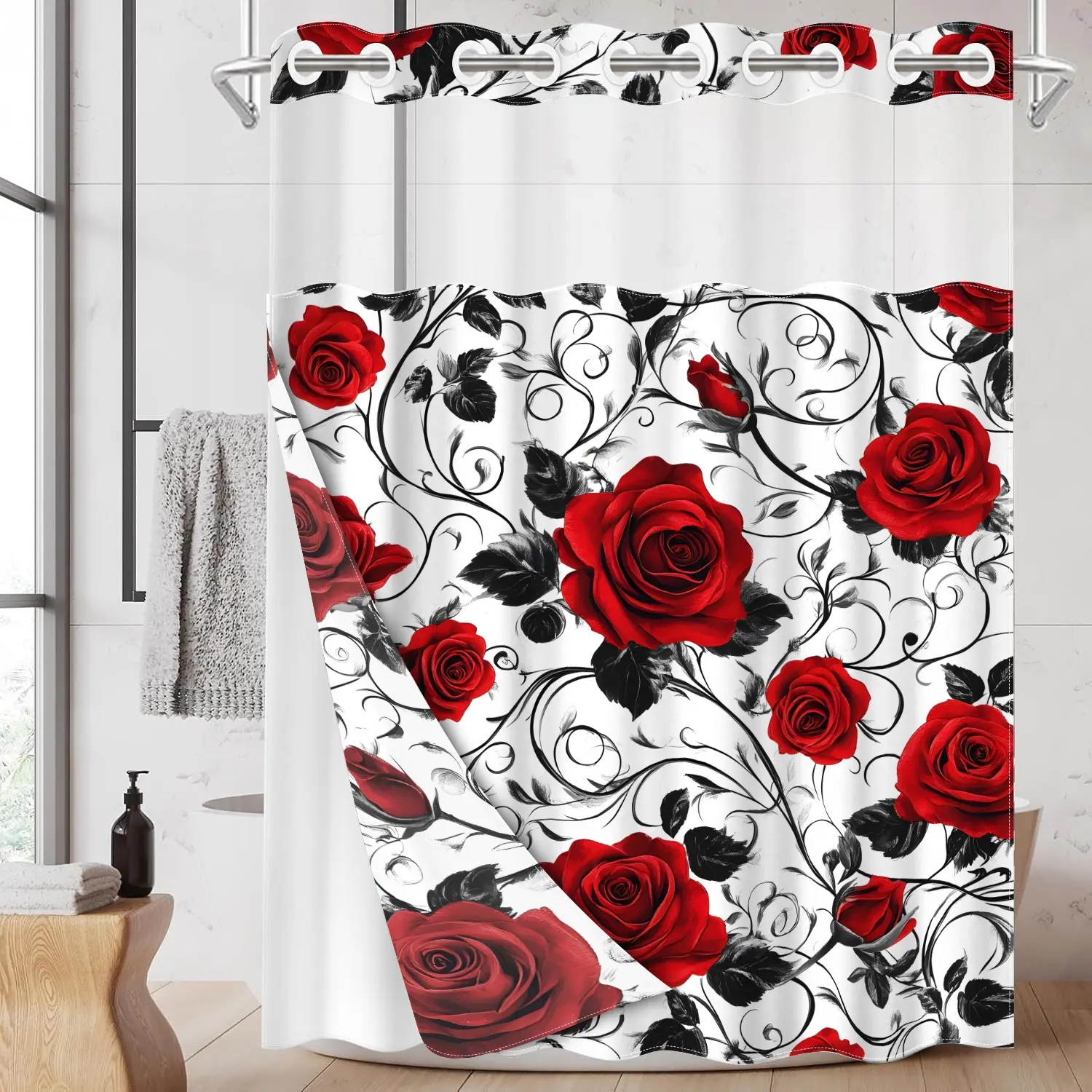 1PC 2D Flat Double-layer woven shower curtain liner with red rose and black vine pattern (no hooks), transparent top, removable snap-on lining, bathroom partition art decoration, bathroom decoration, Bathroom decoration accessories, Bathroom Accessory