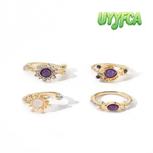4pcs Sun Moon Star Stackable Ring Set,Elegant Fashion Rings  Purple Opal Crystal Rhinestone Open Rings, Rhinestones Ring Boho Adjustable Statement Rings, Gold and Silver Plated Fashion Jewelry for Daily Party Wear