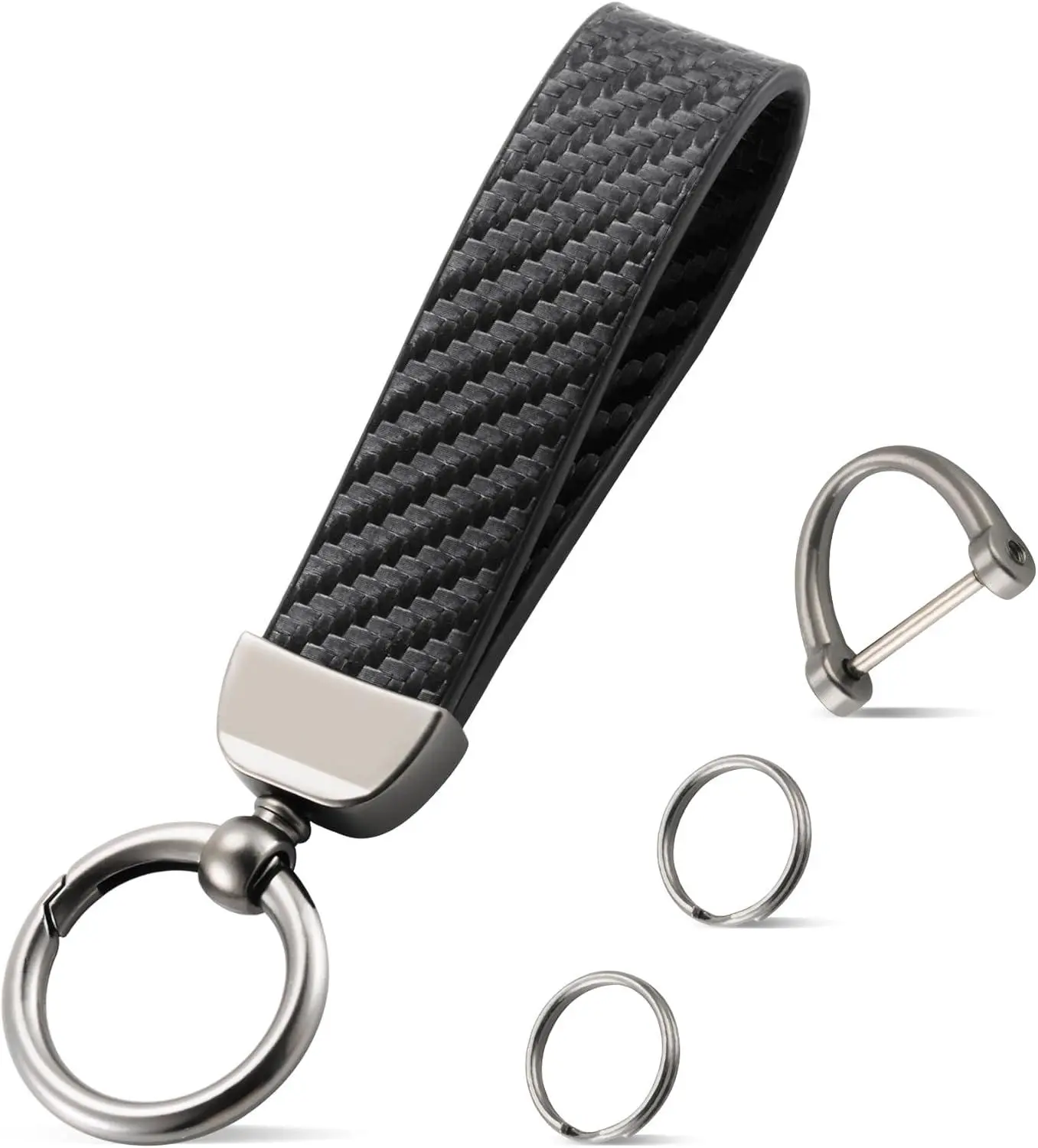 Leather Keychain with Carbon Fiber Design, Car Key Chain with Anti Lost D Ring and 2 Key Rings, Wristlet Keychain Accessory, Universal Car Key Holder for Men and Women, Durable Black Keychain for Keys and Car Accessories