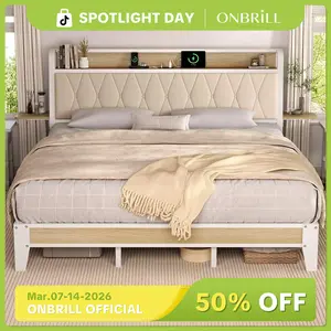 【SPOTLIGHT DAY】ONBRILL Bed Frame with Side Storage Shelf, Ergonomic Upholstered Headboard with Charging Station, King Platform Bed Frame, Metal Slats Support, No Box Spring Needed, Easy Assembly