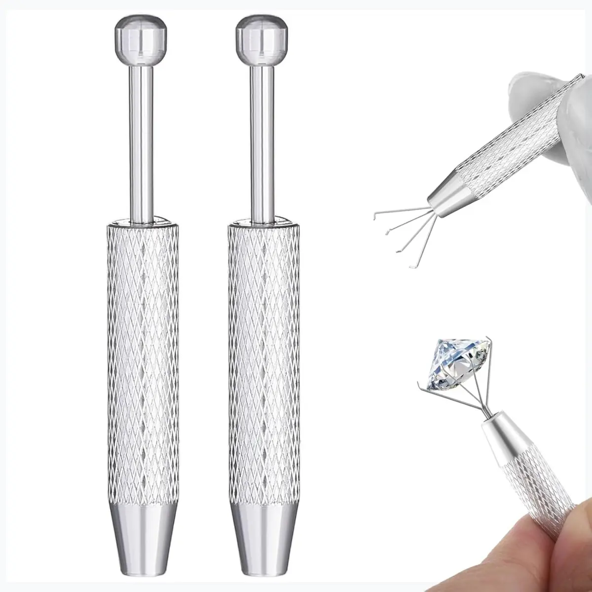 2-Pack Silver Stainless Steel 4-Claw Anti-Slip Piercing Ball Grabber Tool, 6cm/2.36in Industrial Tweezers for Jewelry Making, Model Making, Four Claws