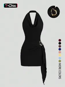 Women's Fashion Solid Color Ruched Halter Dress, Casual Office Wear, Elegant Backless Design, Perfect for Daily Use, Stylish and Comfortable