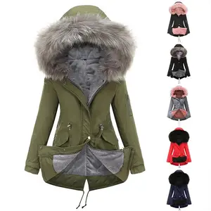 Women's winter warm coat, warm fleece parka, windproof mid-length jacket, hooded padded jacket, zipper and button design, suitable for winter wear
