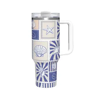 Coastal Grandmother Tumbler 40oz | Nautical Seashell Travel Cup with Handle | Beach House Gift for Her | Insulated Steel Mug -ytk10117 Drinkware Flasks