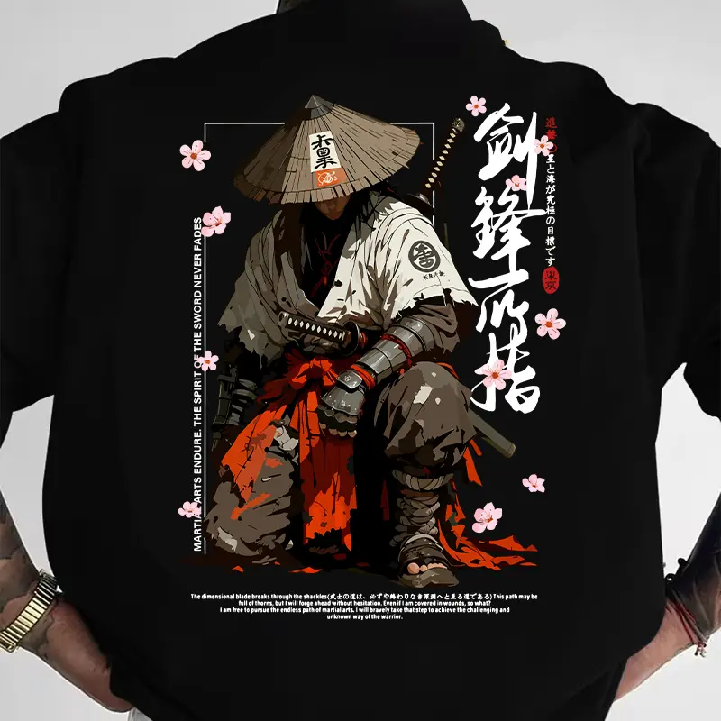 Men's Japanese Samurai Graphic Back Print T-Shirt, Streetwear Short Sleeve Top