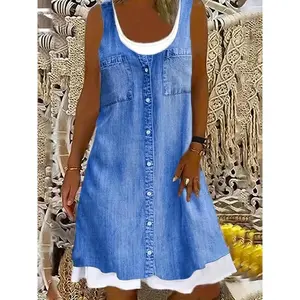 [Plus Size Denim Print Tank Dress] Plus Size Women's Colorblock Denim Print Tank Dress - Round Neck Slight Stretch Casual Knit Womenswear