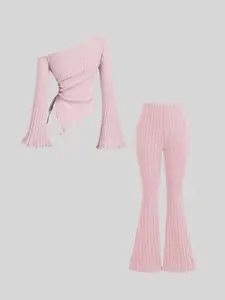 Two-Piece Set Women's Solid Ribbed Top & Flare Leg Pants Set, Long Sleeve Fitted Top & Bell Bottom Trousers, Casual Spring Clothes for Daily Wear, Suits, Fall outfit