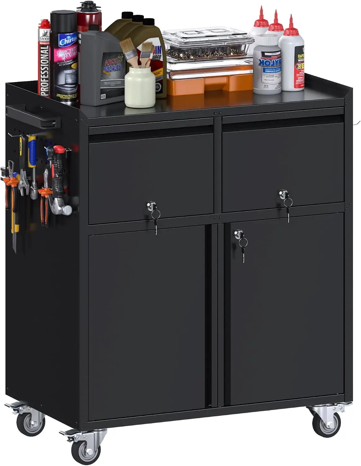Rolling Metal Storage Cabinet with Wheels, Heavy Duty Steel Garage Tool Cabinet with 2 Drawers, Pegboard & 4 Hooks, Lockable Mobile Organizer with Adjustable Shelves, Black, Assembly Required