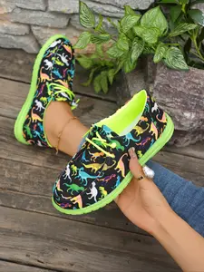 Women's Casual All-Season Shoes, Cartoon Canvas Slip-On Sneakers, Breathable Lightweight Eva Sole, Perfect for Walking & Daily Wear