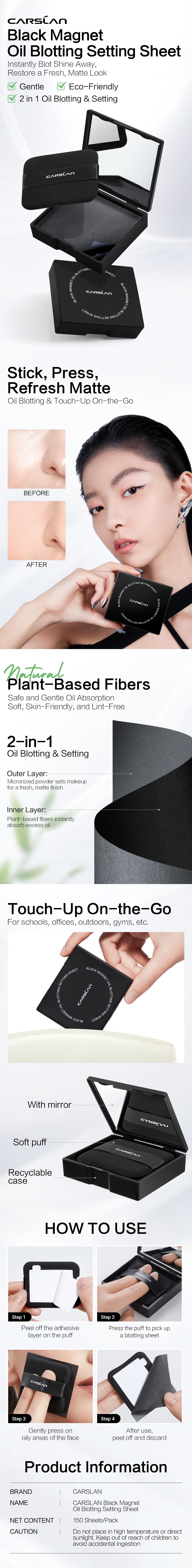 CARSLAN Black Magnet Oil Blotting Setting Sheet With Powder More Control Oil Keep Fresh 2 IN 1 Blotting Sheet with Mirror Puff & Recyclable Case 450 Sheets 1 Box 2 Refills