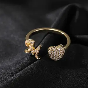 Gold and Silvery Rings for Girls Women - Dainty 14K Gold Plated Adjustable Heart Letter Rings Women Gifts Jewelry