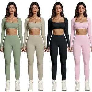 Women's Solid Color Square Neck Long Sleeve Crop Top & High Waist Pants Sexy Sports Yoga Suit Polyamide Workout Leggings Fitness Stretch Fabric Activewear