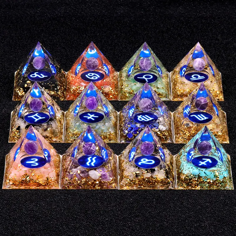 Amethyst Crystal Pyramid, Zodiac Resin Pyramid Desk Ornament, Amethyst Crystal Ball, Spiritual Healing Crystal Decor, Positive Energy Gift, Aesthetic Home Office Decor, Unique Witchy Astrology Meditation Room Decor milky quartz