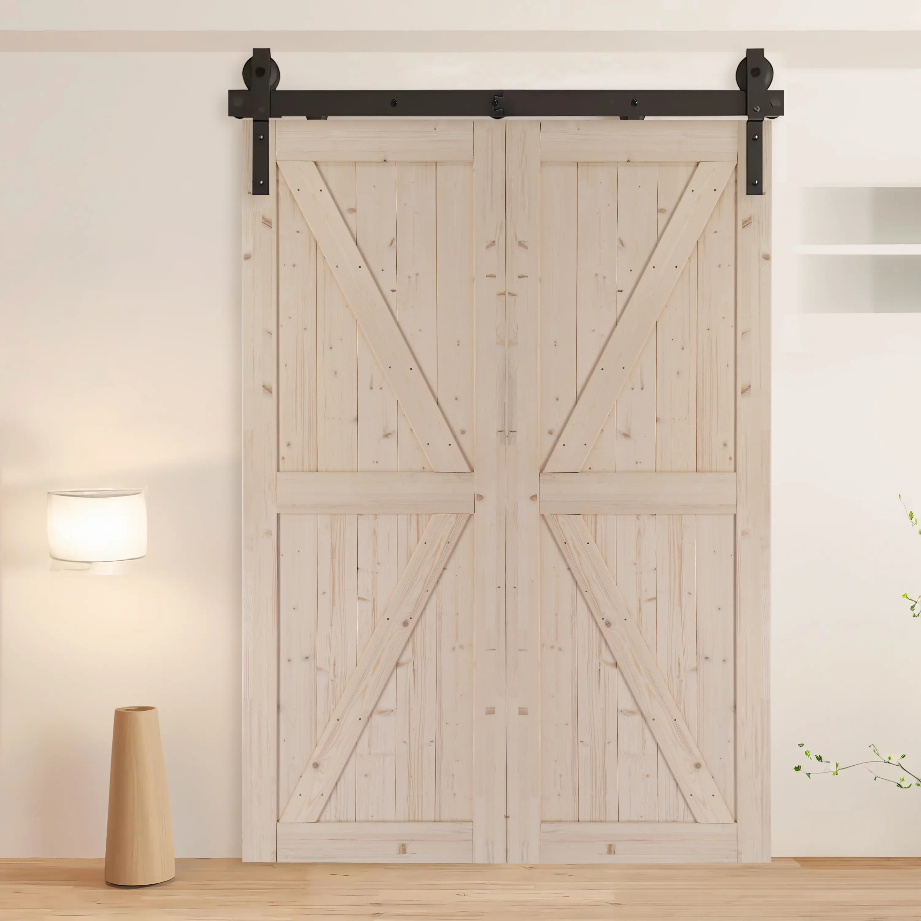 60" Heavy-Duty Bi-Folding Barn Hardware Kit (Without Door) for 2 Double Doors, 300lb Capacity, Industrial-Grade Carbon Steel, Matte Black J-Track, Smooth Operation, Easy Installation, Up to 56" Wide Fit, Concrete & Wooden Wall Mounting, Concrete Mounting