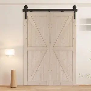 60" Heavy-Duty Bi-Folding Barn Hardware Kit (Without Door) for 2 Double Doors, 300lb Capacity, Industrial-Grade Carbon Steel, Matte Black J-Track, Smooth Operation, Easy Installation, Up to 56" Wide Fit, Concrete & Wooden Wall Mounting, Concrete Mounting