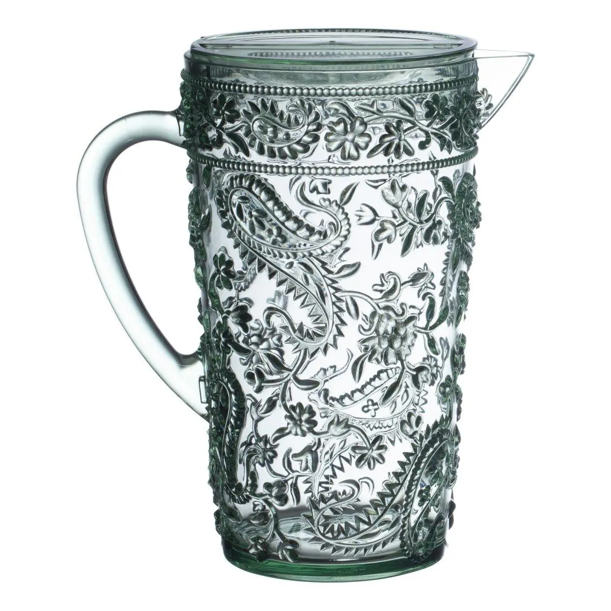 LEADINGWARE GROUP AC-1016SG Paisley Acrylic Pitcher - 80 Fl. Oz Spanish Green Durable Handle-Equipped 1-Piece Plastic Container, 9.20' x 8.26' Large Kettle/Jug for Indoor Use, Any Occasion with Calming and Alluring Presence, One-Piece