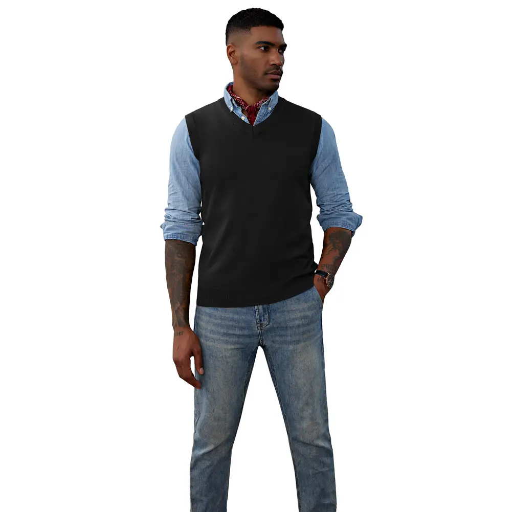 PJ PAUL JONES Mens V-Neck Knitted Sweater Vest Solid Plain Sleeveless Pullover Knitwear