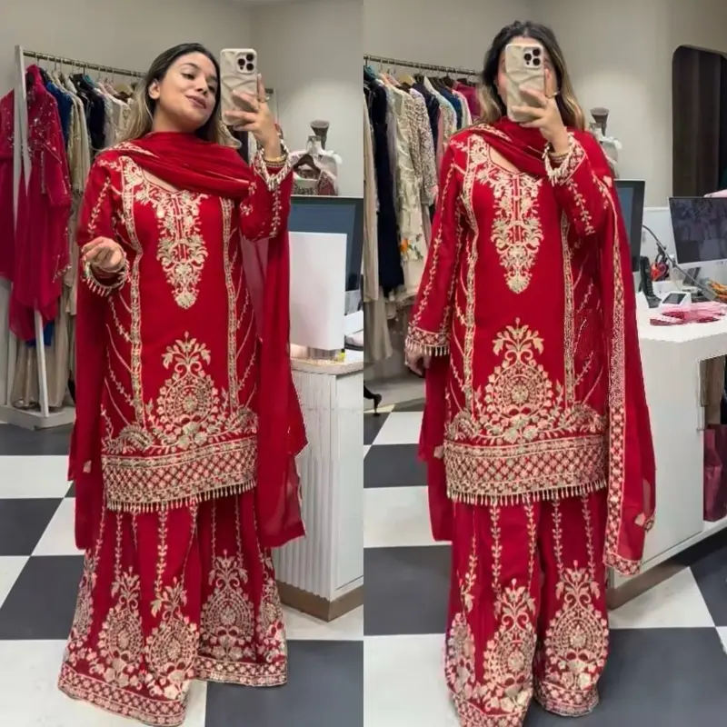 Women red  sharara suit Indian party Eid collection wedding casual set Diwali wear