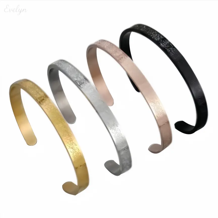 Textured Engraved Open Cuff Bangle - 4-Tone Gold, Silver, Rose Gold, Black Stainless Steel Minimal Stackable Single Bracelets & Bangles