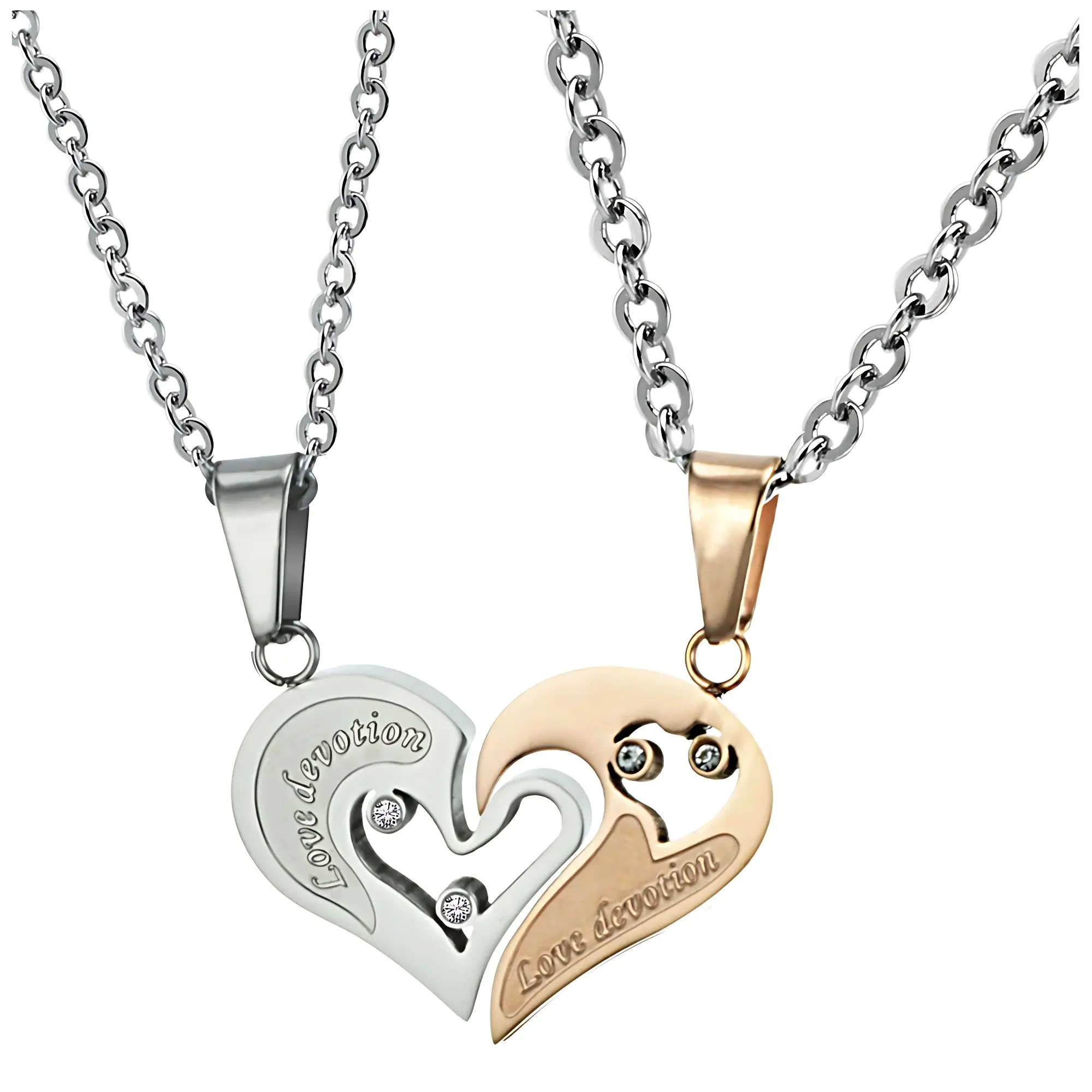 Interlocking Heart Necklace Set for Couples Men or Women by Ginger Lyne | Engraved Love Devotion | Stainless Steel Chains with Matching Interlocking Heart Pendants Couples Fashion Jewelry