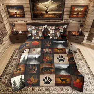 Bear Cabin Plaid Comforter Bed Set with Sheets,7 Piece Retro Hunting Deer Bed Bag,Country Woodland Pine Tree Bedding Set,Kids Teens Adults,Maple Leaf Bed Set